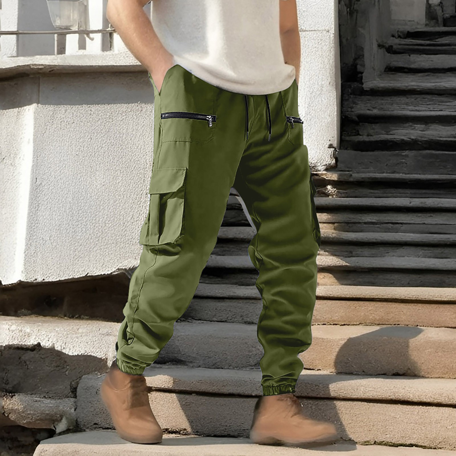 thumbnail image 2 of Pantalones de trabajo de color liso con cremallera para hombre: bolsillos grandes, cordones en los tobillos, estilo informal holgado, para negocios/deporte, poliéster, diseño con cintura ajustable., 2 of 8